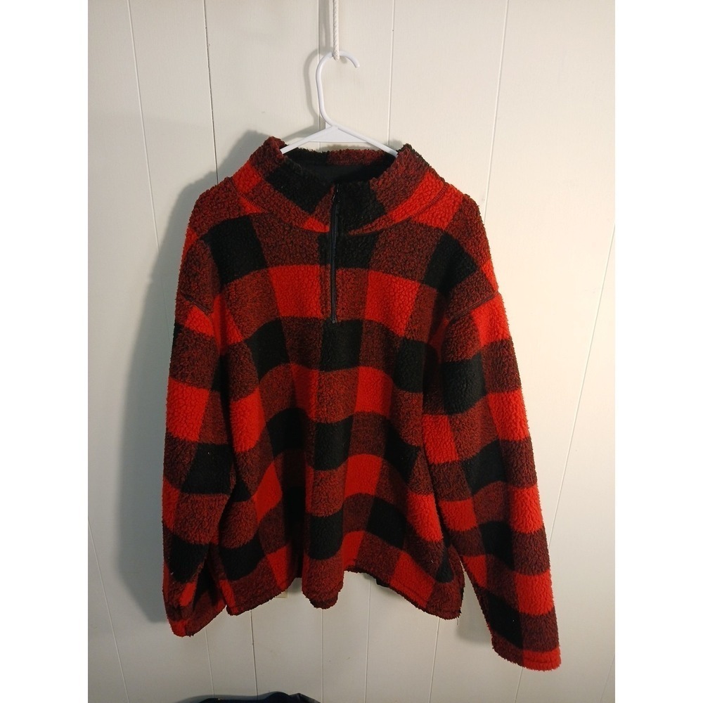 Wrangler Fleece Pullover Mens XXL Red Black Buffalo Plaid 1/4 Zip Sherpa
